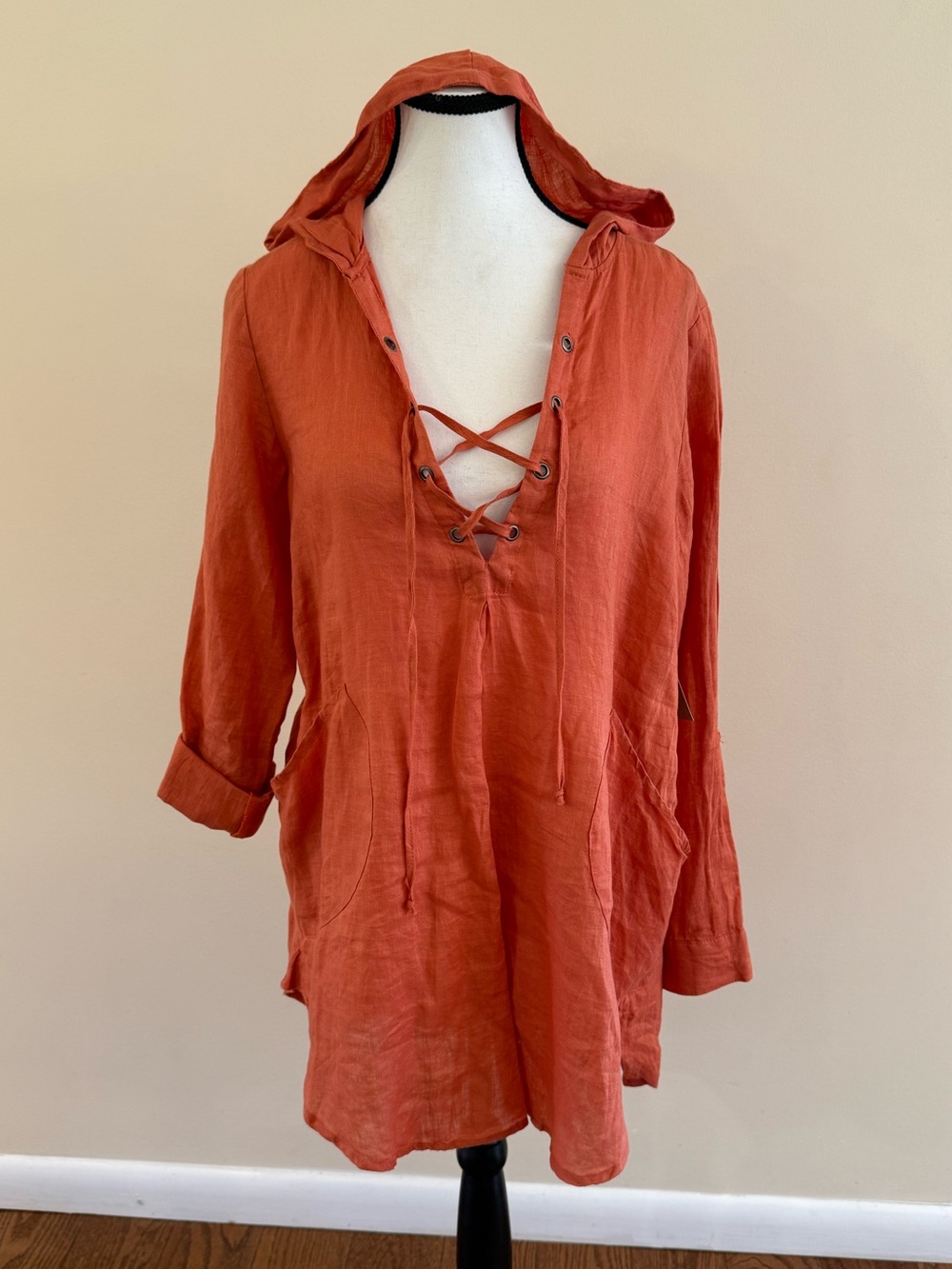 For Cynthia Hooded Lace-Up Swim Cover-Up in Rust Orange size small